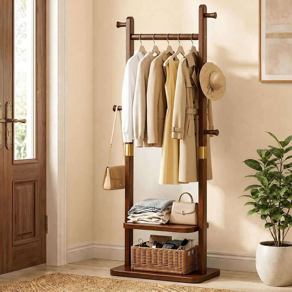Taitiy Solid Wood Coat Rack, Freestanding Clothing Rack with 2 Shelves Storag...