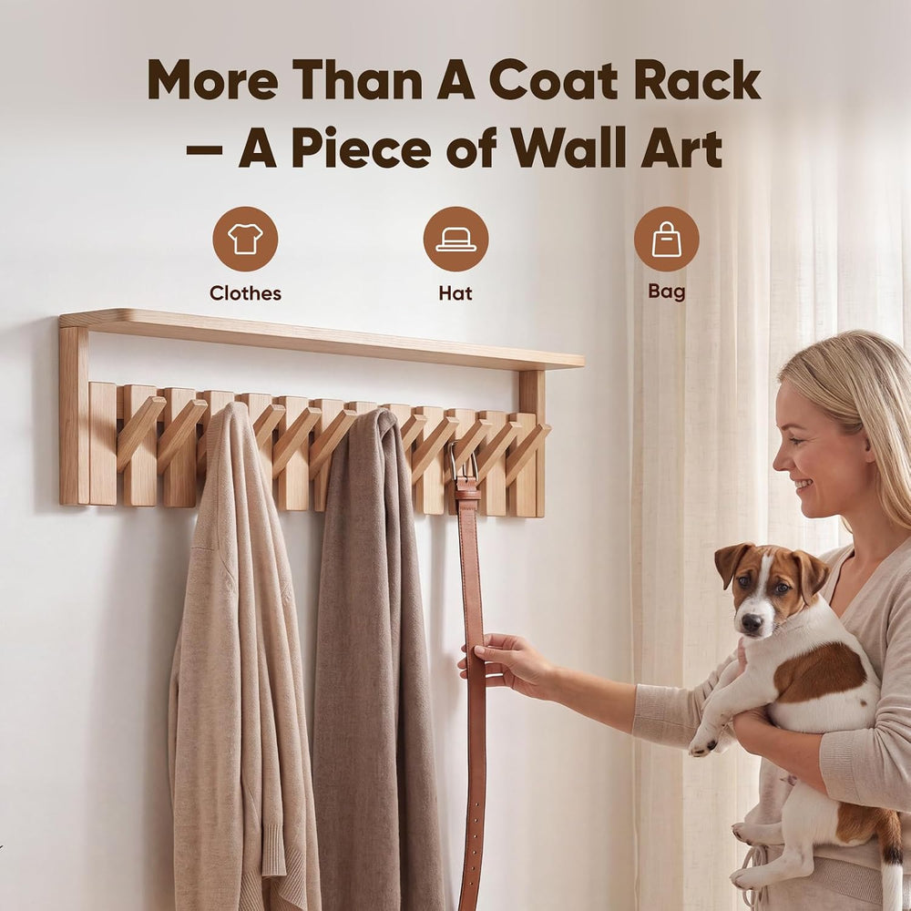 Wall Mounted Coat Rack with Shelf, 12 Flip-Down Hooks, Natural