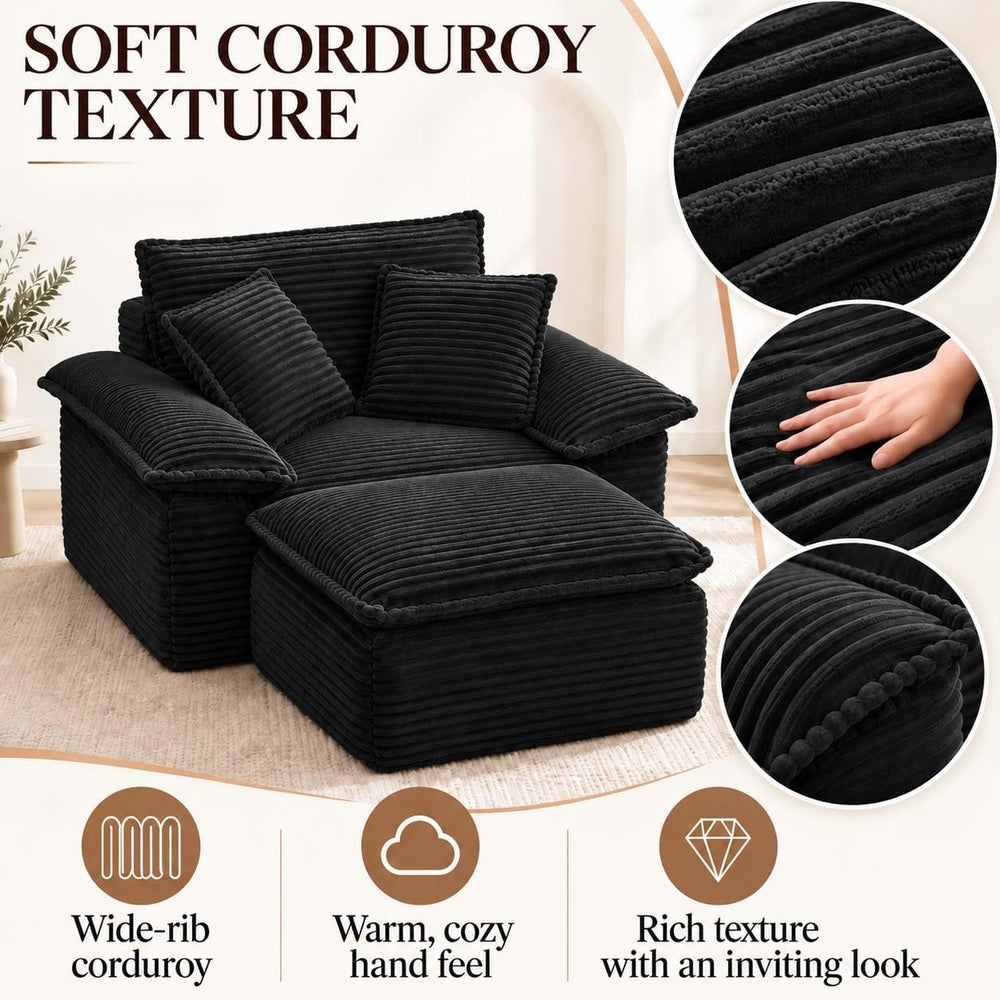 Black Oversized Chair with Ottoman, Boneless Corduroy Reading Chair