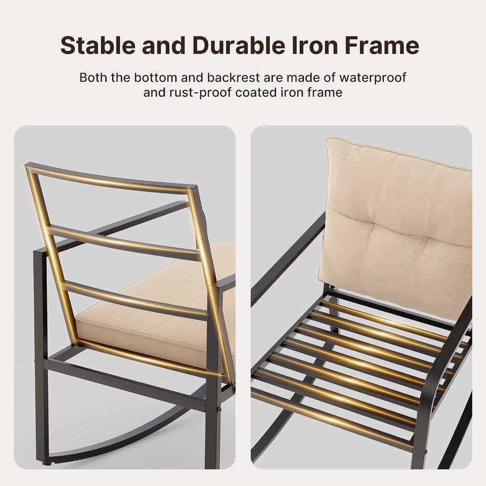 Gizoon 3 Pcs Rocking Bistro Set, Black Steel Patio Furniture,Beige Cushion