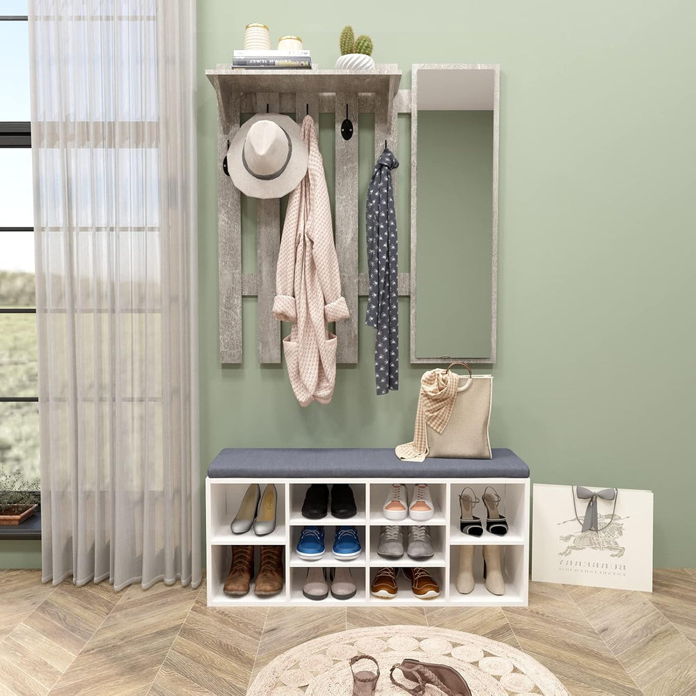 39.4" Coat Rack Wall Mount with Mirror, Wall Shelf with 5 Hooks and Stor...