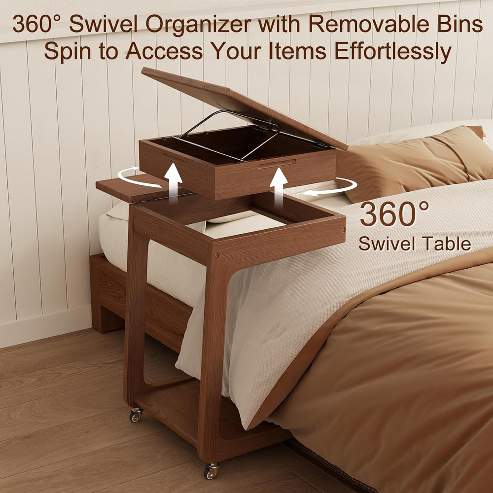 Solid Wood C Shaped End Table for Couch, Walnut Couch Desk