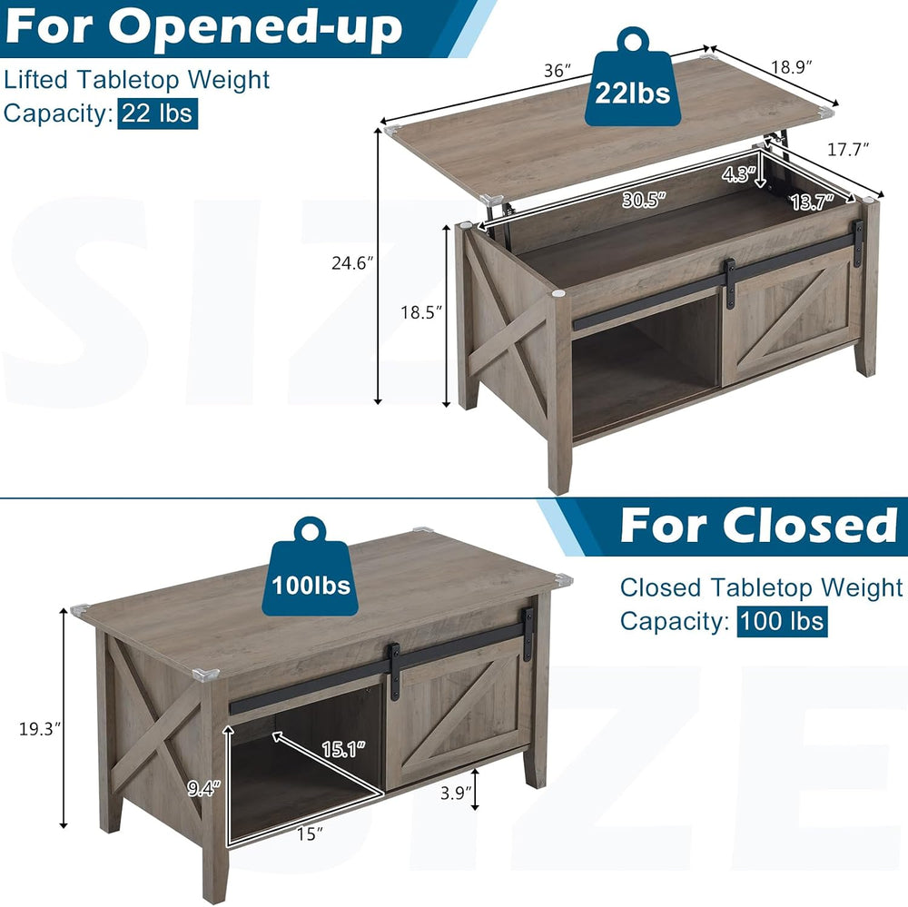 VINGLI 36" Farmhouse Lift Top Coffee Table with Hidden Storage, Open Shelf