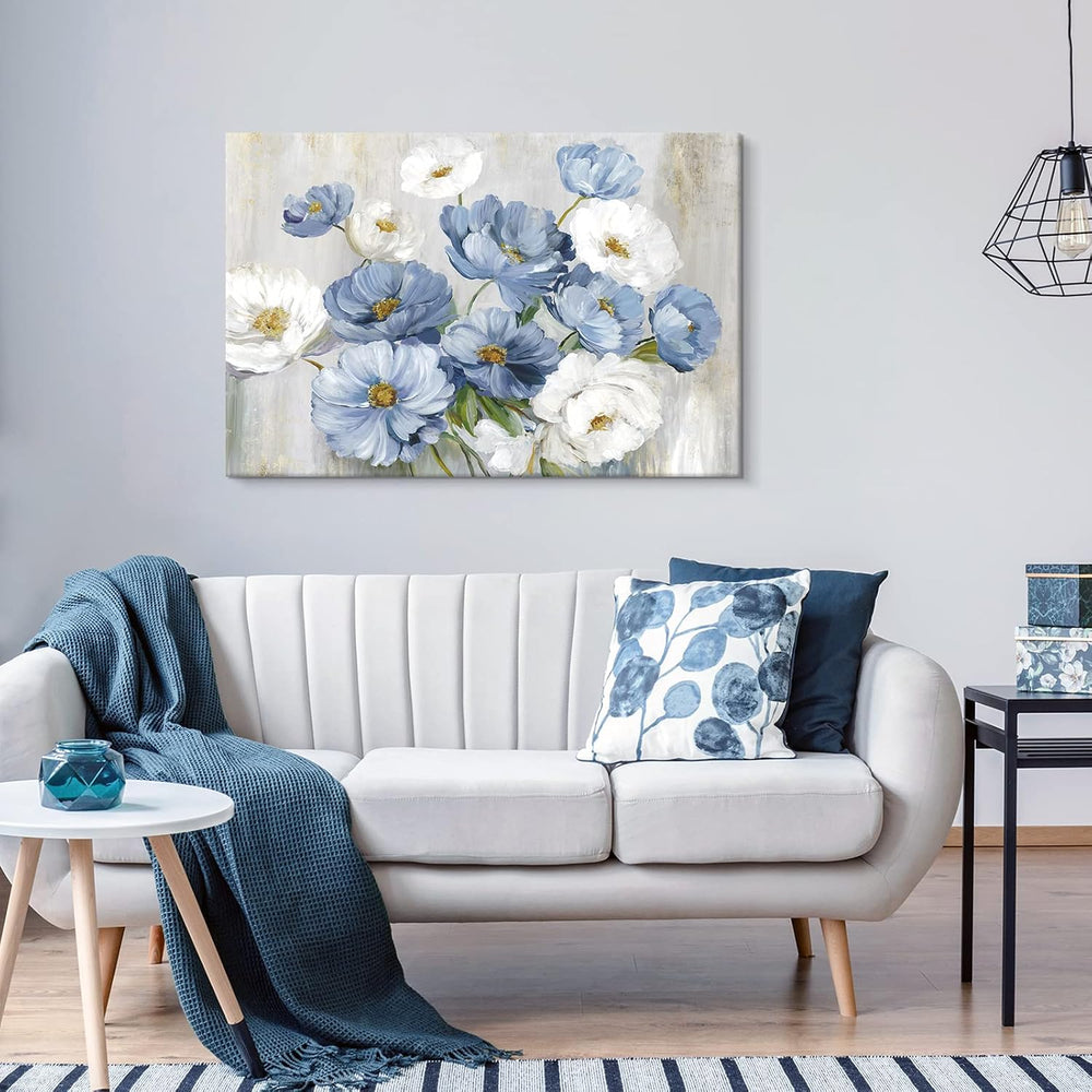 Goldfoilart Blue Flower Wall Art Light Blue and White Floral Canvas Print, 36...
