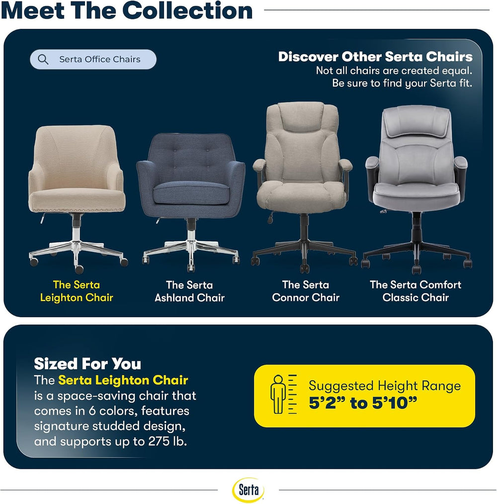 Serta Leighton Home Office Desk Chair, Mid-Back with Chrome Nailheads, Memory...