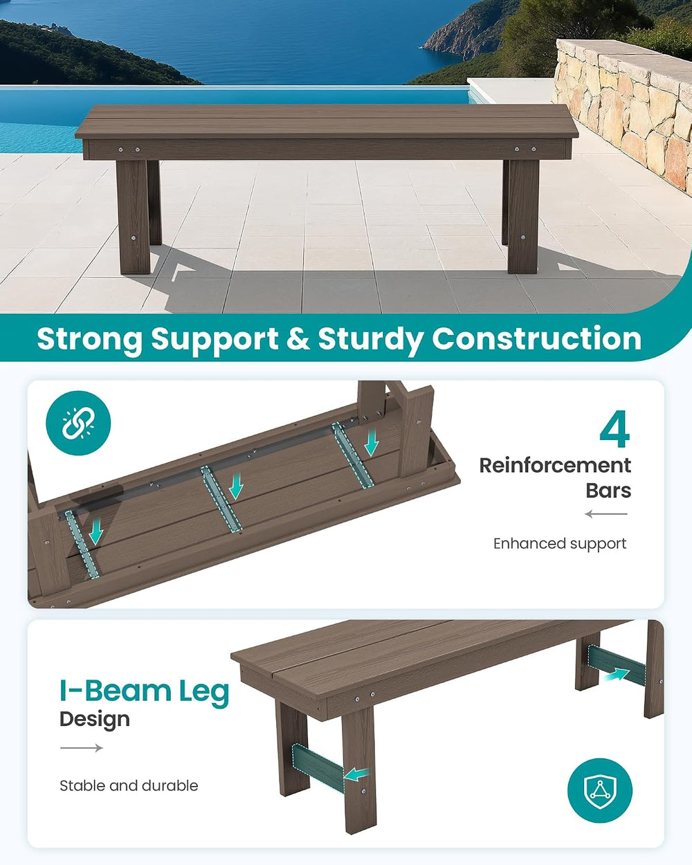 SERWALL 2-Person Backless Outdoor Bench 56 Inches, Coffee