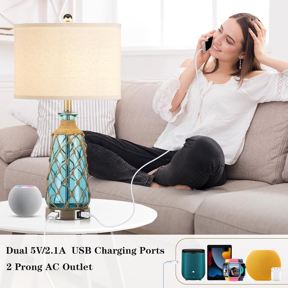 Ruzectt 25.5" Coastal Glass Table Lamps Set of 2, 3-Way Dimmable Touch C...