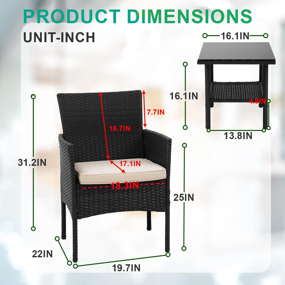 FDW 3-Piece Patio Furniture Set | Black & Khaki | Outdoor Wicker Furniture