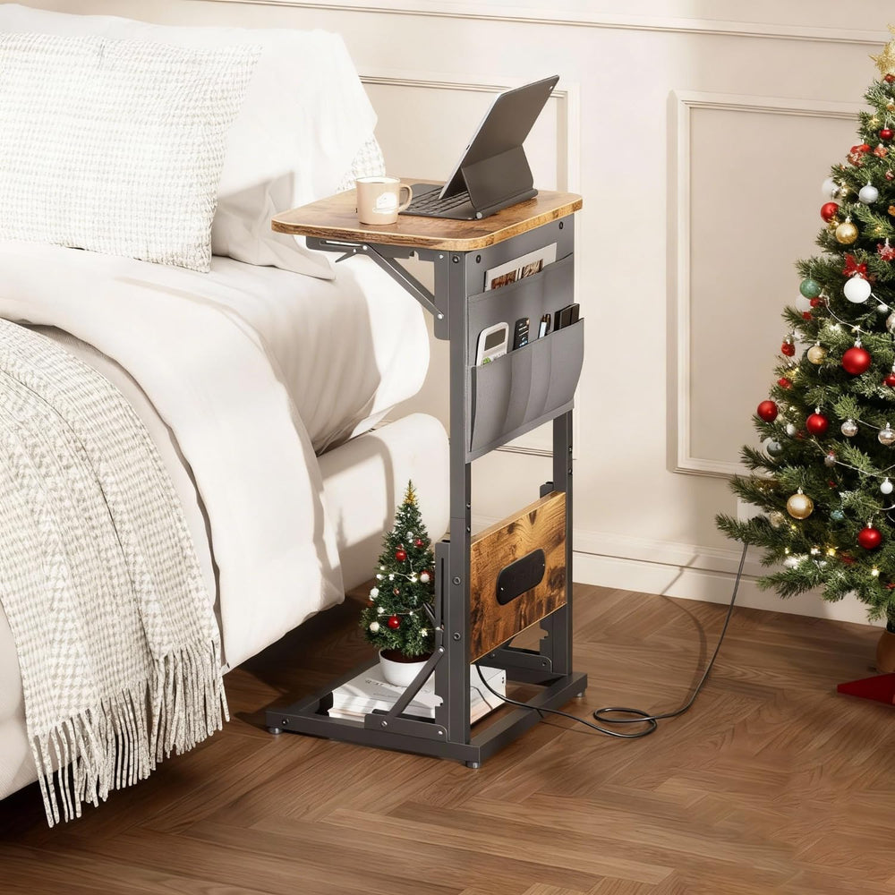 HLDIRECT C Shaped End Table with Charging Station & Storage Bag Brown