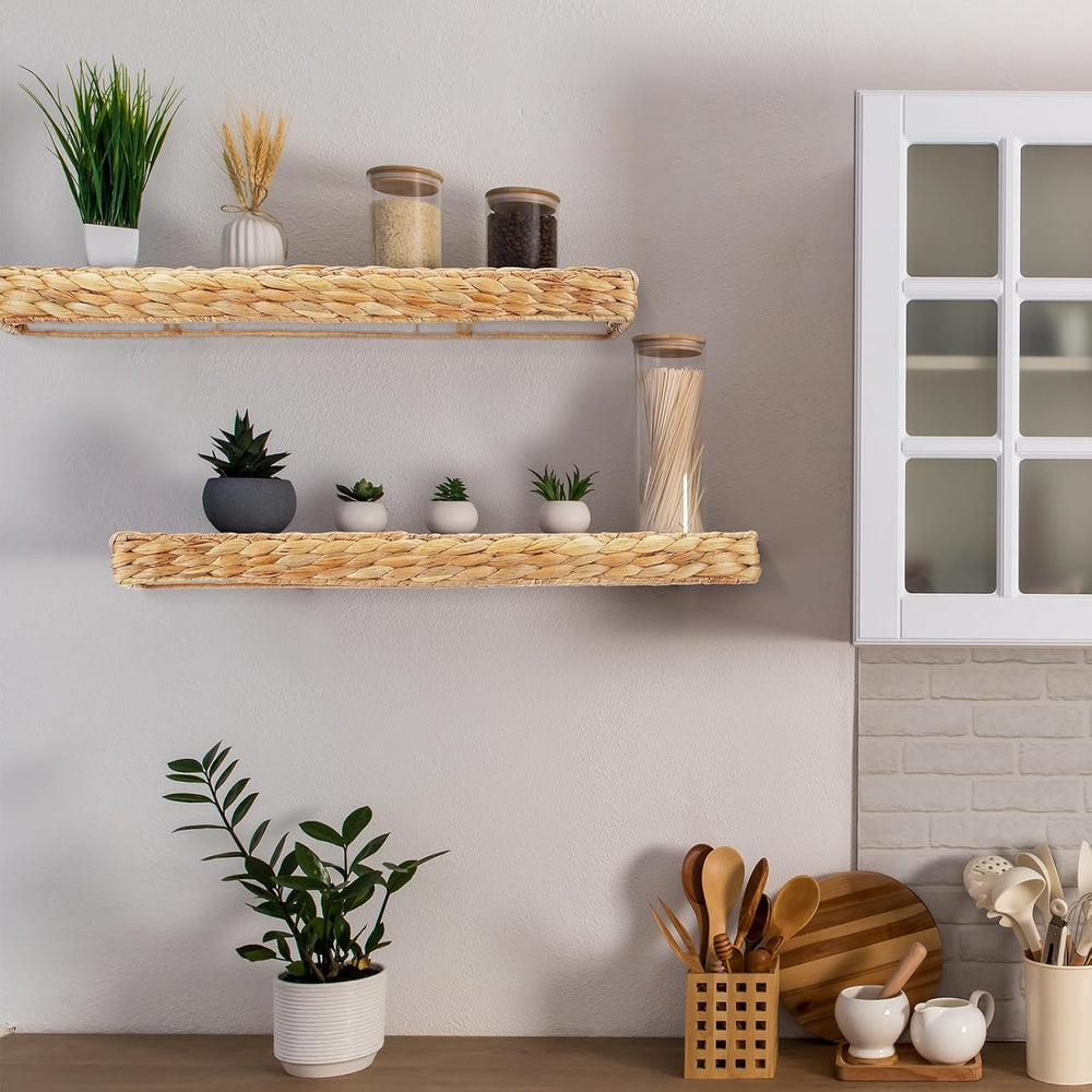 Pinkunn 2 Pack Handwoven Water Hyacinth Floating Wall Shelf 23.6 Inch Woven W...