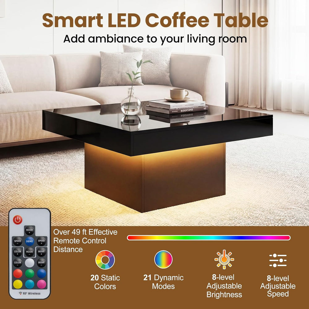 GOFLAME LED Coffee Table for Living Room, Square, Modern High Glossy, Black