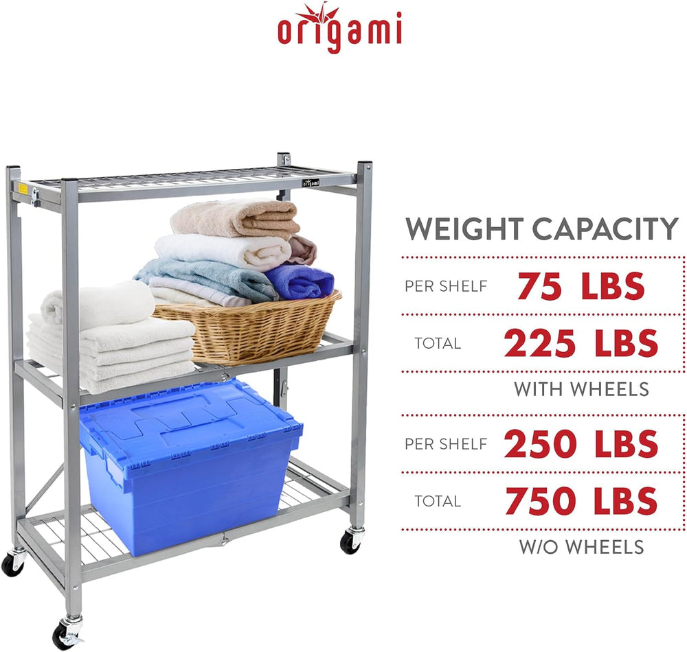Origami R3 3-Tier Foldable Storage Rack with Wheels, Platinum