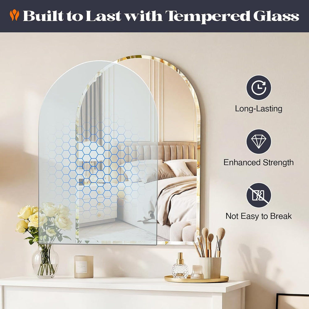 Frameless Bathroom Mirror, 22" x 30" Arched Beveled Vanity Mirror f...