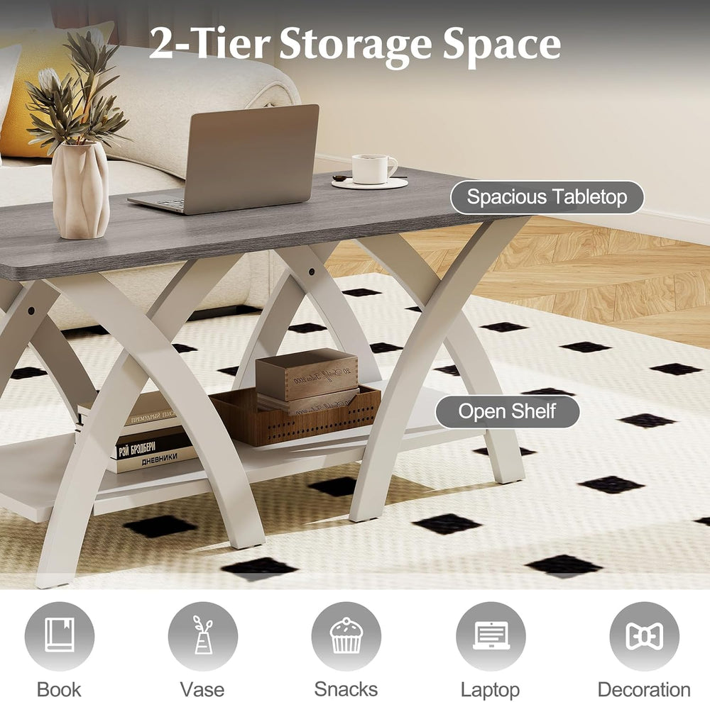 GIANTEX Farmhouse Coffee Table, 2-Tier Wood Center Table with Storage Shelf &...