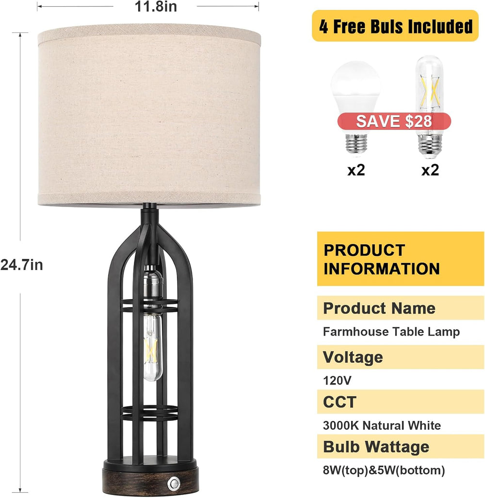 Seealle Table Lamps for Living Room, 3 Way Dimmable Farmhouse Lamp Set of 2