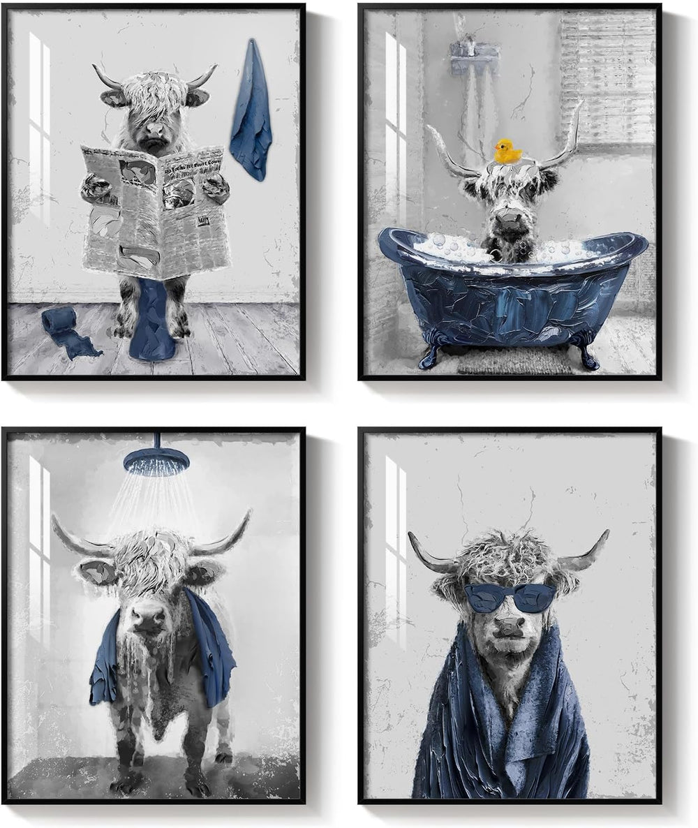 Framed Highland Cow Funny Animal Bathroom Wall Art, 4 Piece 8x10 In