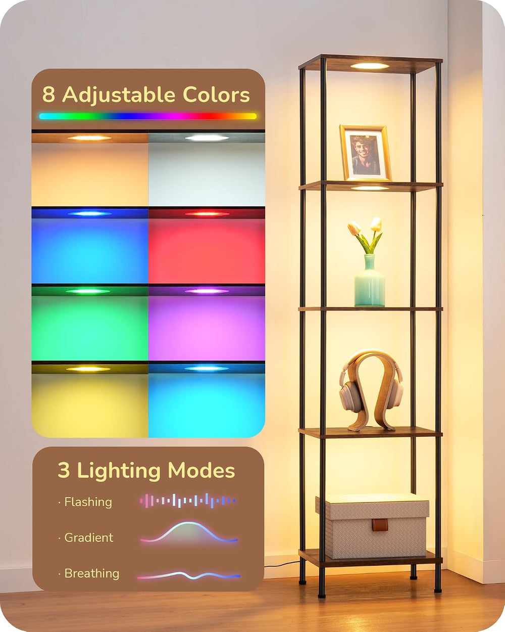 EDISHINE RGBW Floor Lamp with 5-Tier Display Shelves, Remote Control