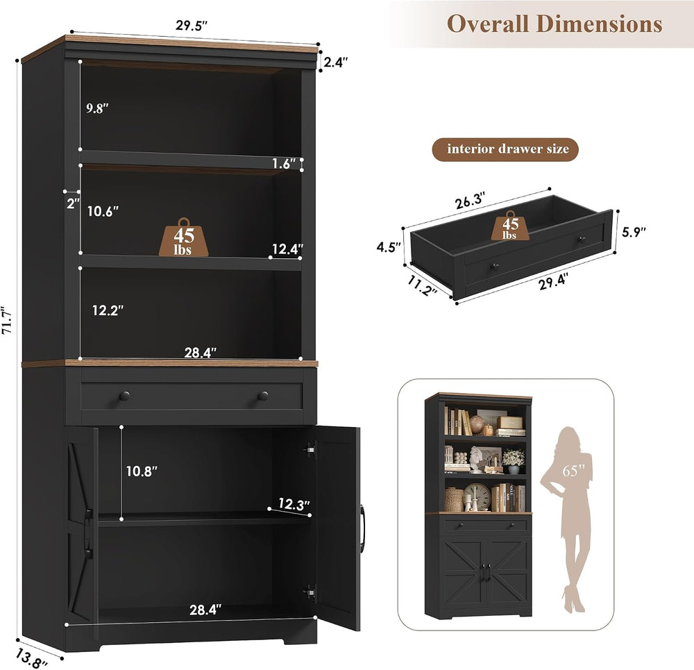 HOSTACK 72"H Bookshelf with Storage, Tall Bookcase with Deep Cabinet, Black