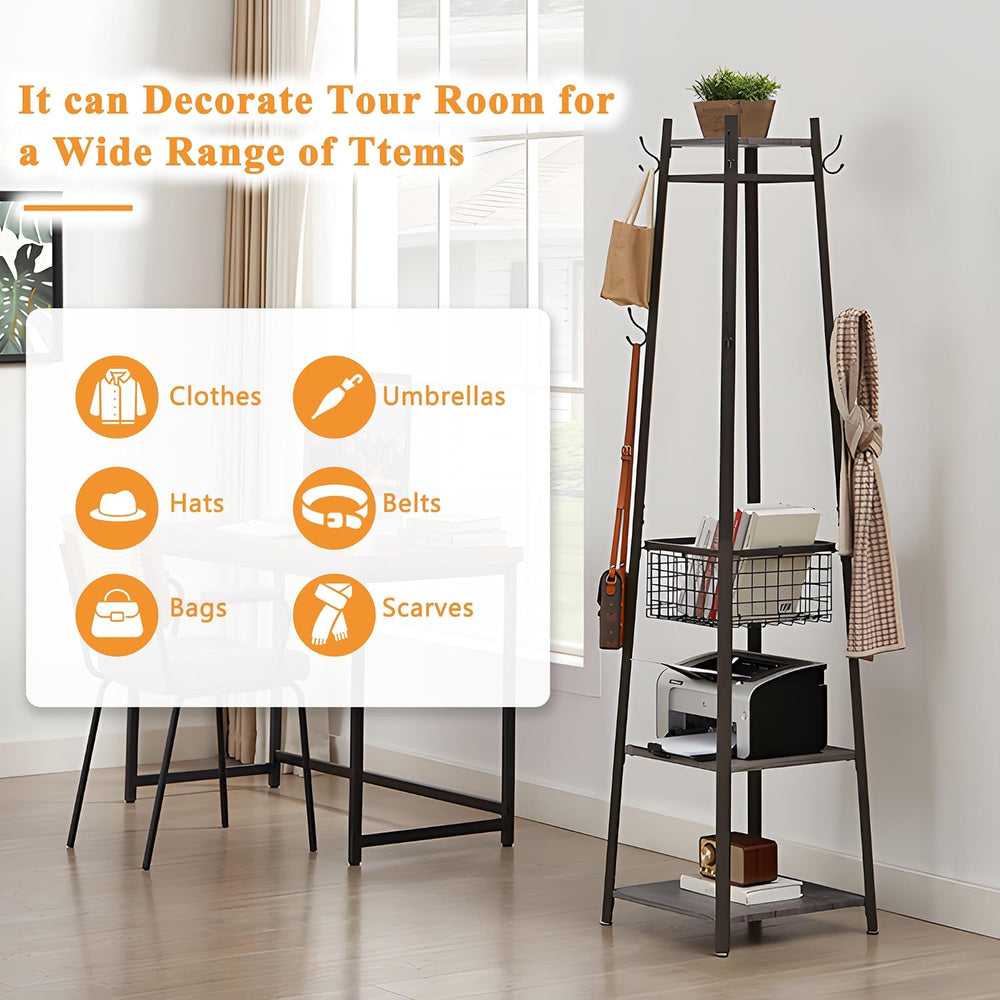 VECELO Coat Rack Freestanding,Hall Tree with Metal Basket and Storage Shelves...