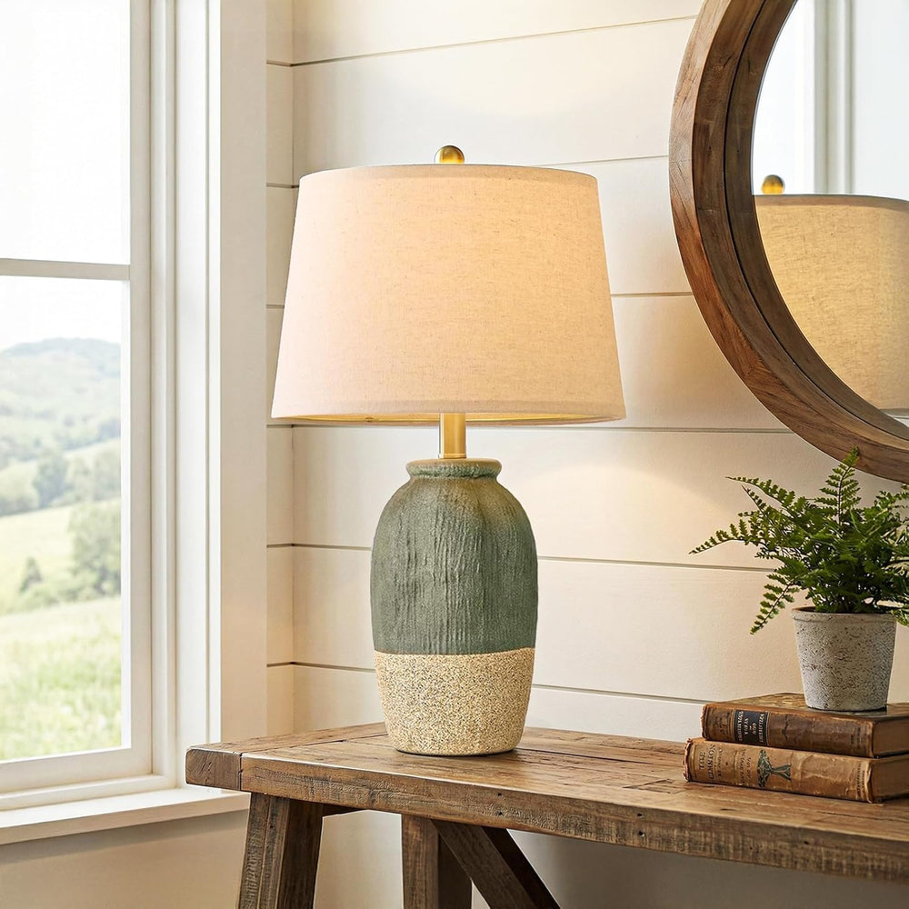 22.5" Green Ceramic Table Lamps for Bedroom, Boho Nightstand Lamp