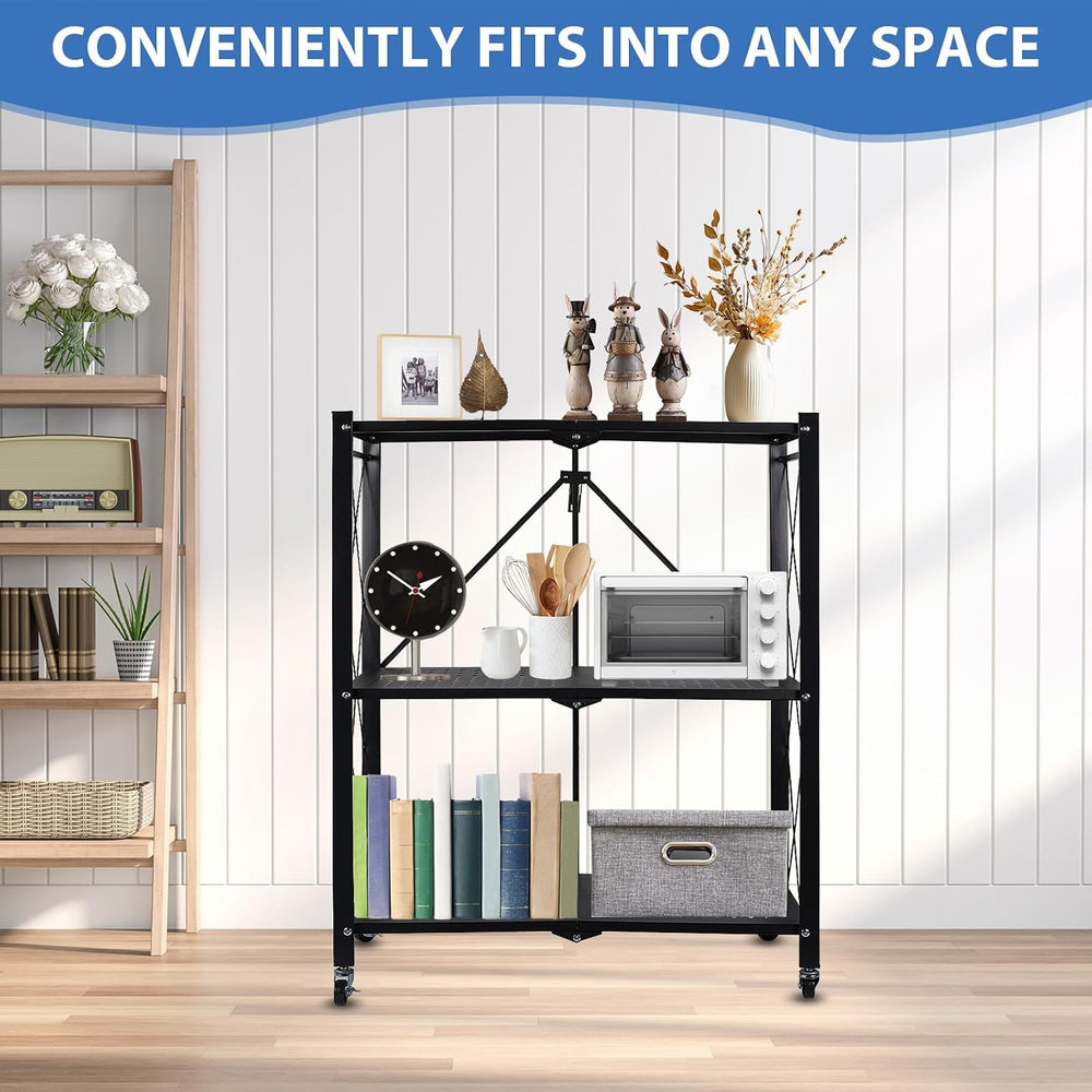 3-Tier Foldable Storage Shelf with Wheels, Metal Collapsible Shelving Unit, R...