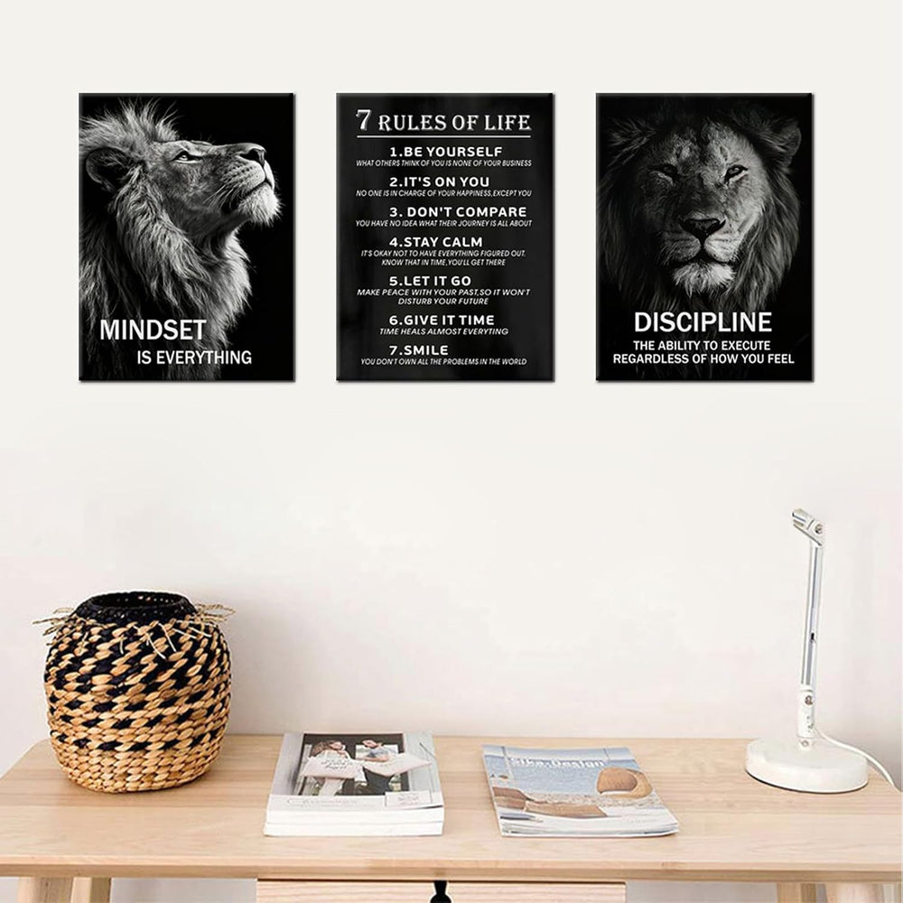 3 Pieces Lion Motivational Canvas Wall Art Mindset is Everything Inspirationa...