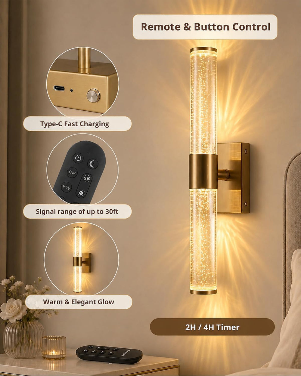Battery Operated Wall Sconces Set of Two, Dimmable Wall Lights