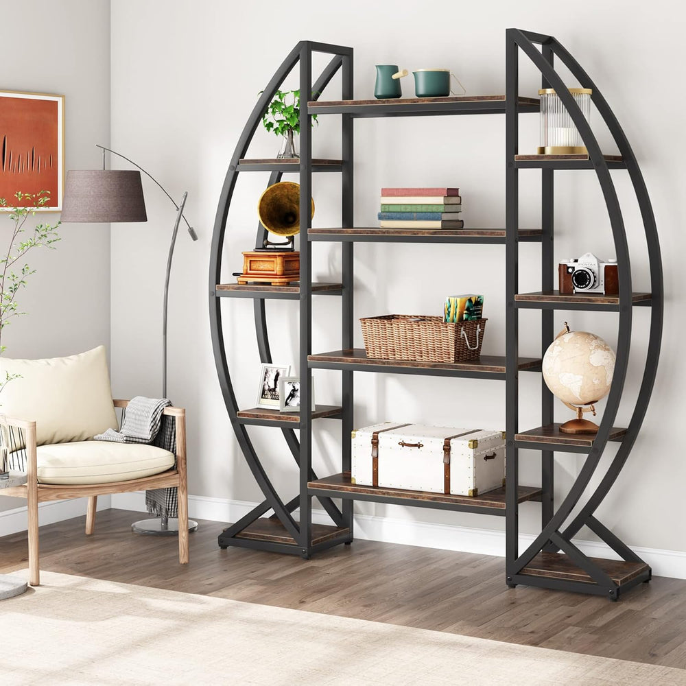 Tribesigns Oval Bookshelf, Triple Wide 5 Tier Etagere Bookcase, Industrial Di...