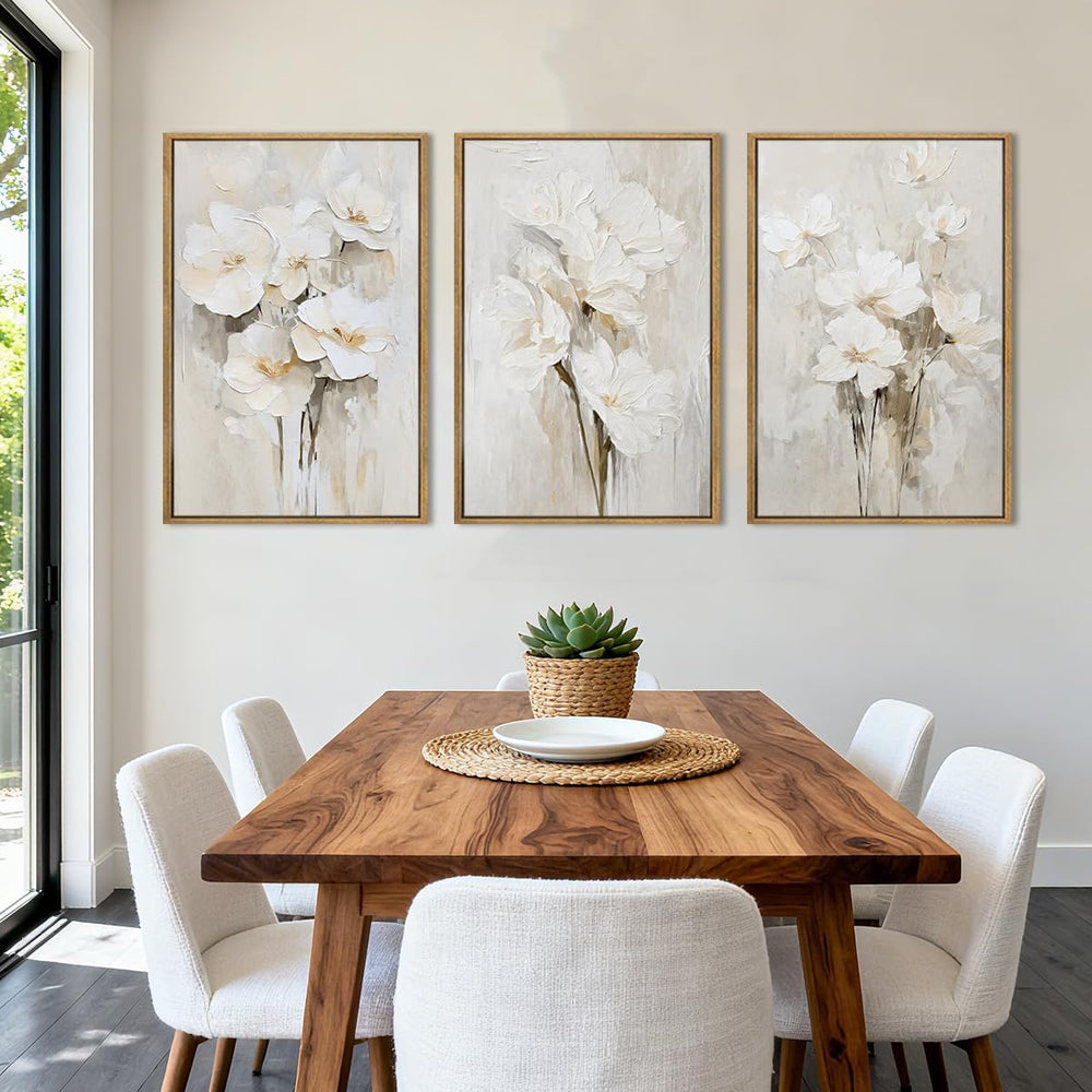 Anyzal Framed Neutral Beige Floral Wall Art Large 16x24 Inch White Cream Flow...