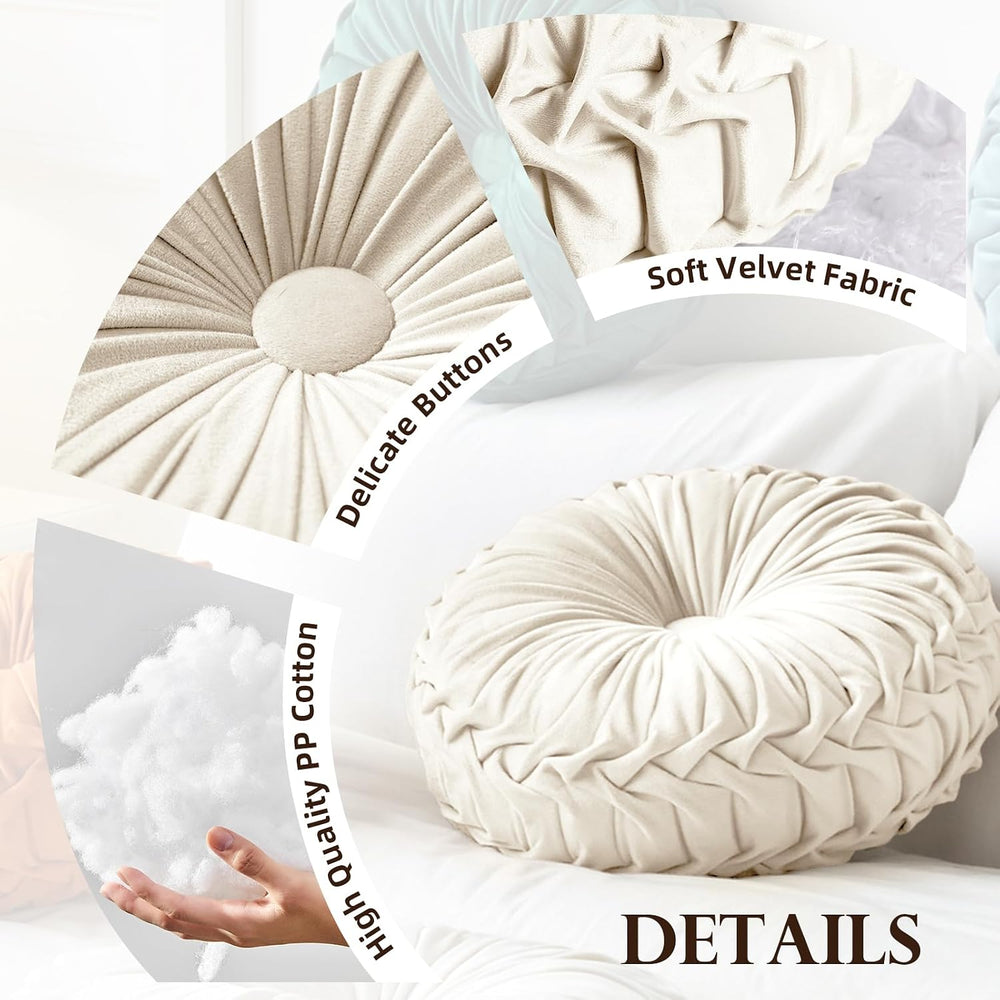 Teieas 2 Pcs Round Throw Pillows Decorative Velvet Pleated Bed Pillows