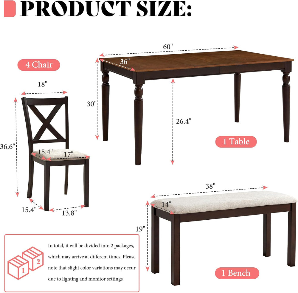 AMERLIFE 6 Piece Farmhouse Dining Set with 60" Solid Wood Table, Brown