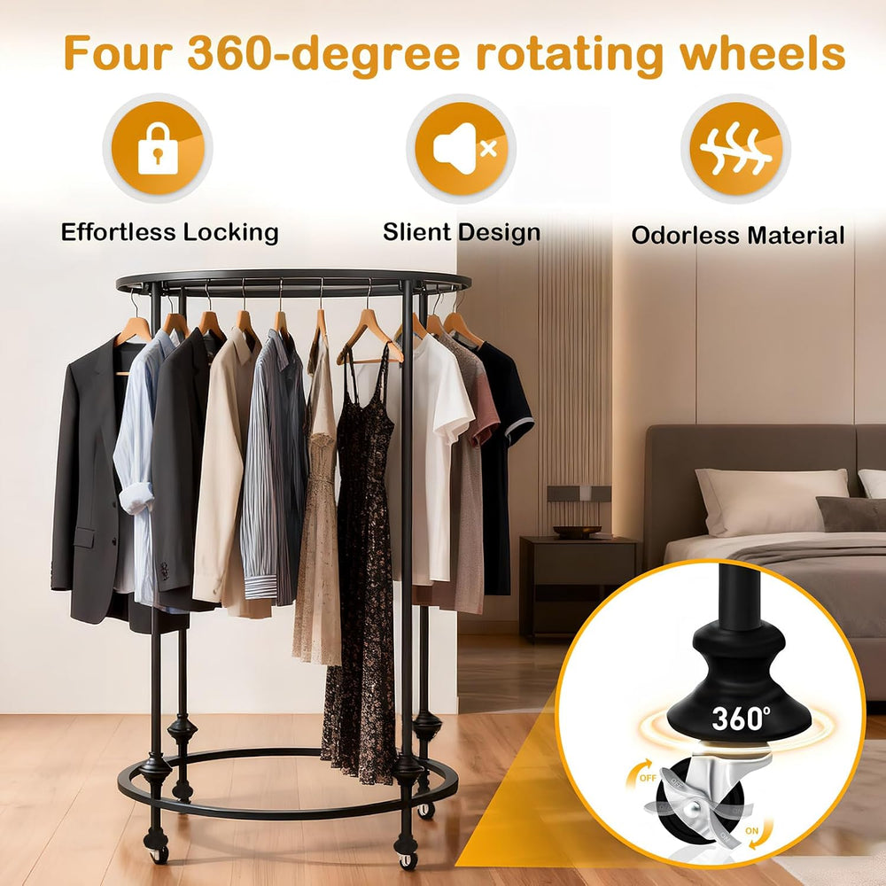 27.5x51in Round Garment Rack, Rolling with Topper, 360 Rotating, Black