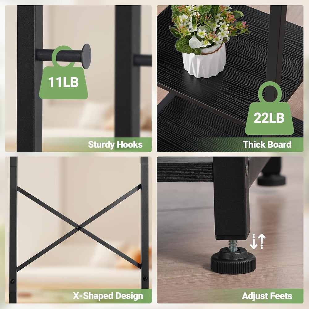 ELYKEN Coat Rack Freestanding, Hall Tree with 3 Shelves and 12 Hooks, Black