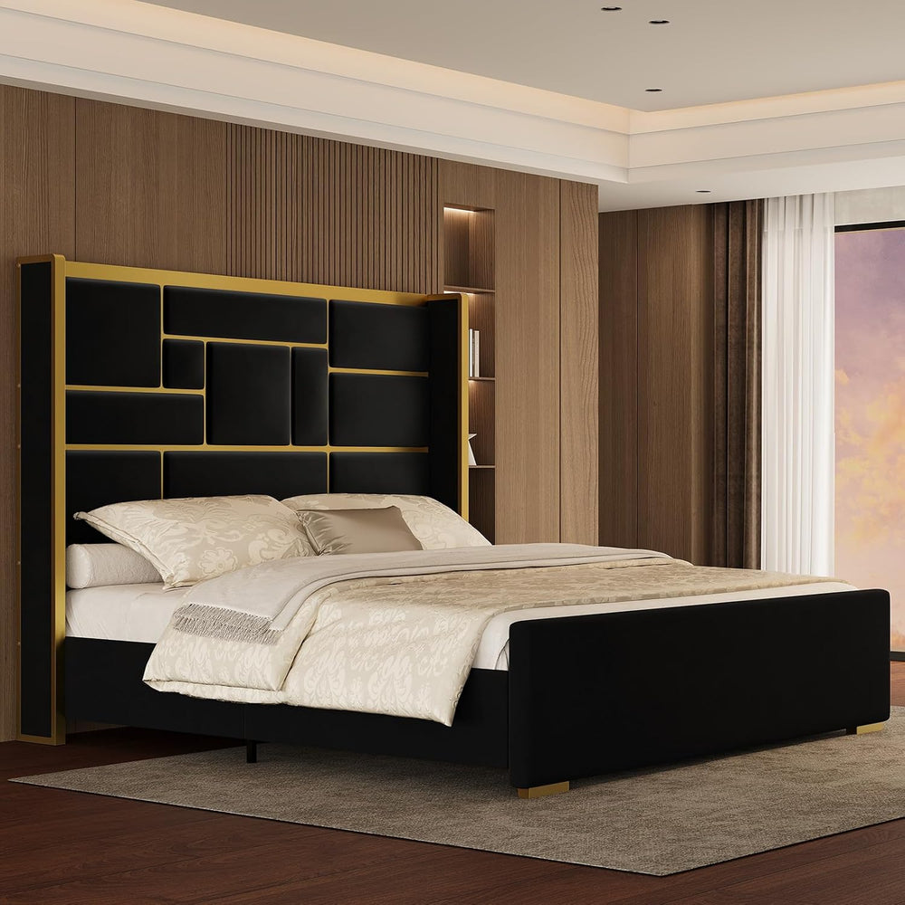 Queen Bed Frame with Gold Trim Headboard, Upholstered Bed, Black