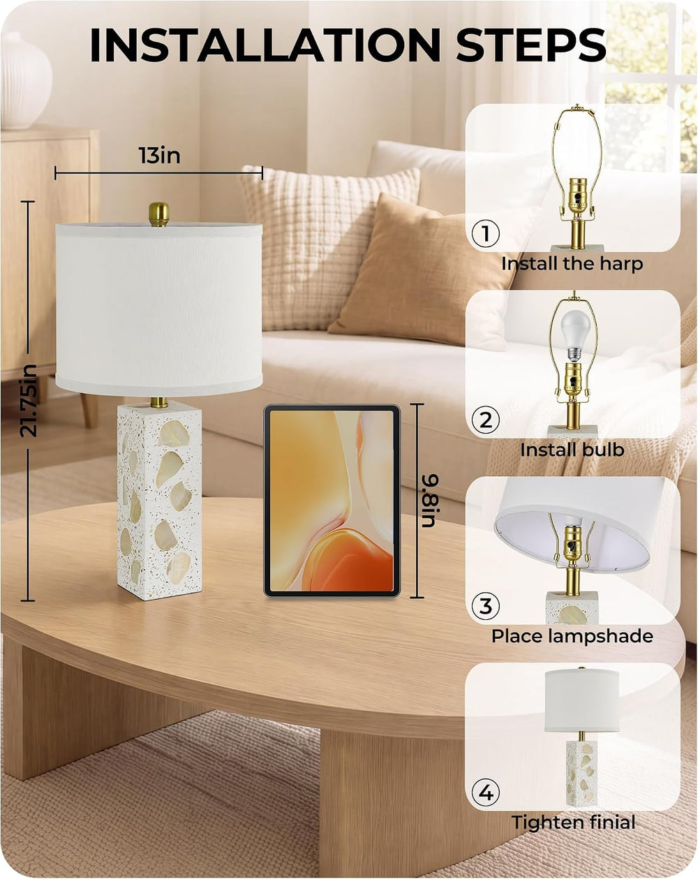 22" Table Lamps Set of 2, Translucent Stone-Inspired Lamps with Night Light