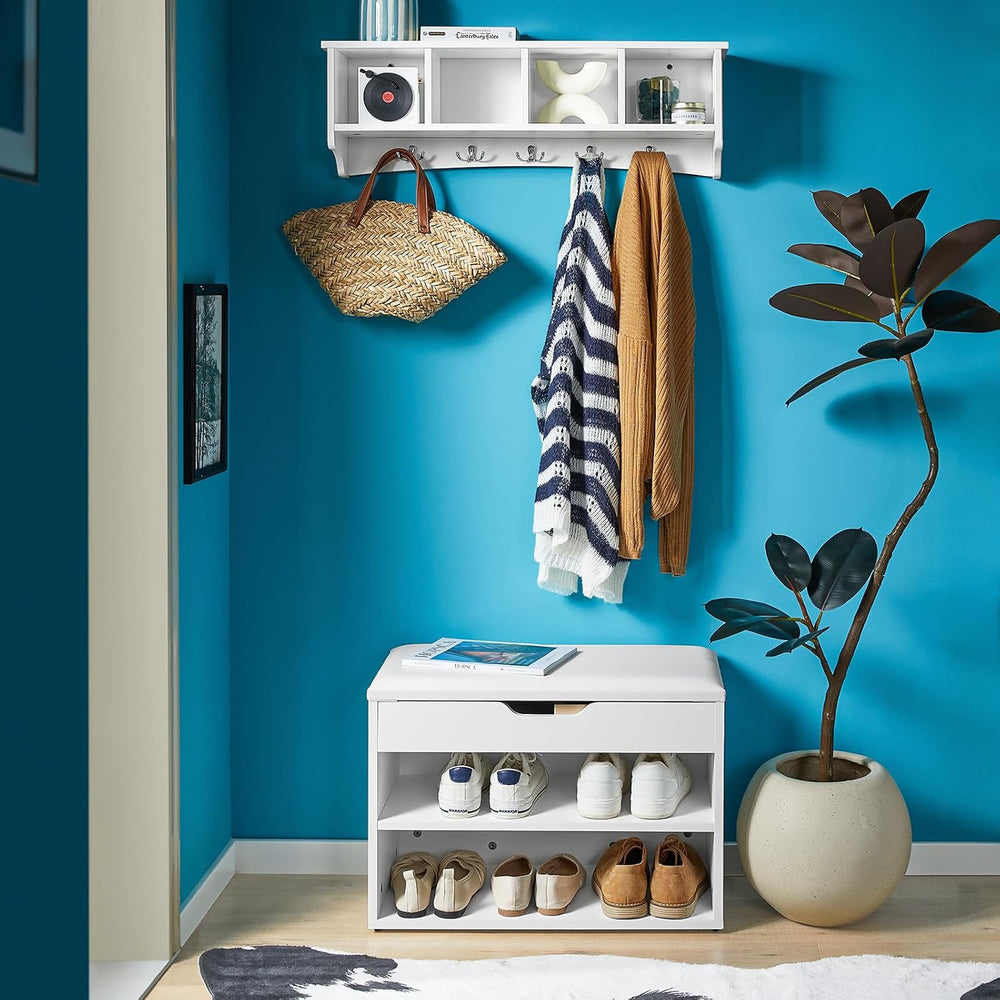 Haotian White Wall Shelf with Coat Hooks, Wall Coat Rack Entryway, Display St...