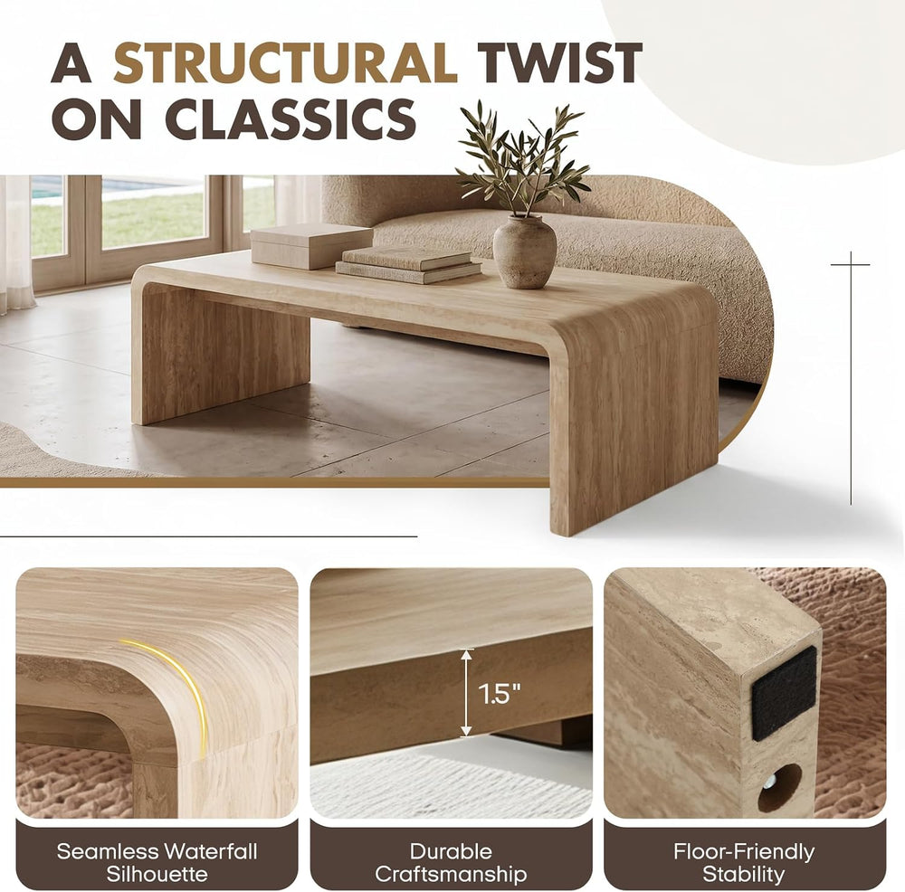 Hyfirm 47" Travertine Look Coffee Table, Thick Waterfall Edge Wood