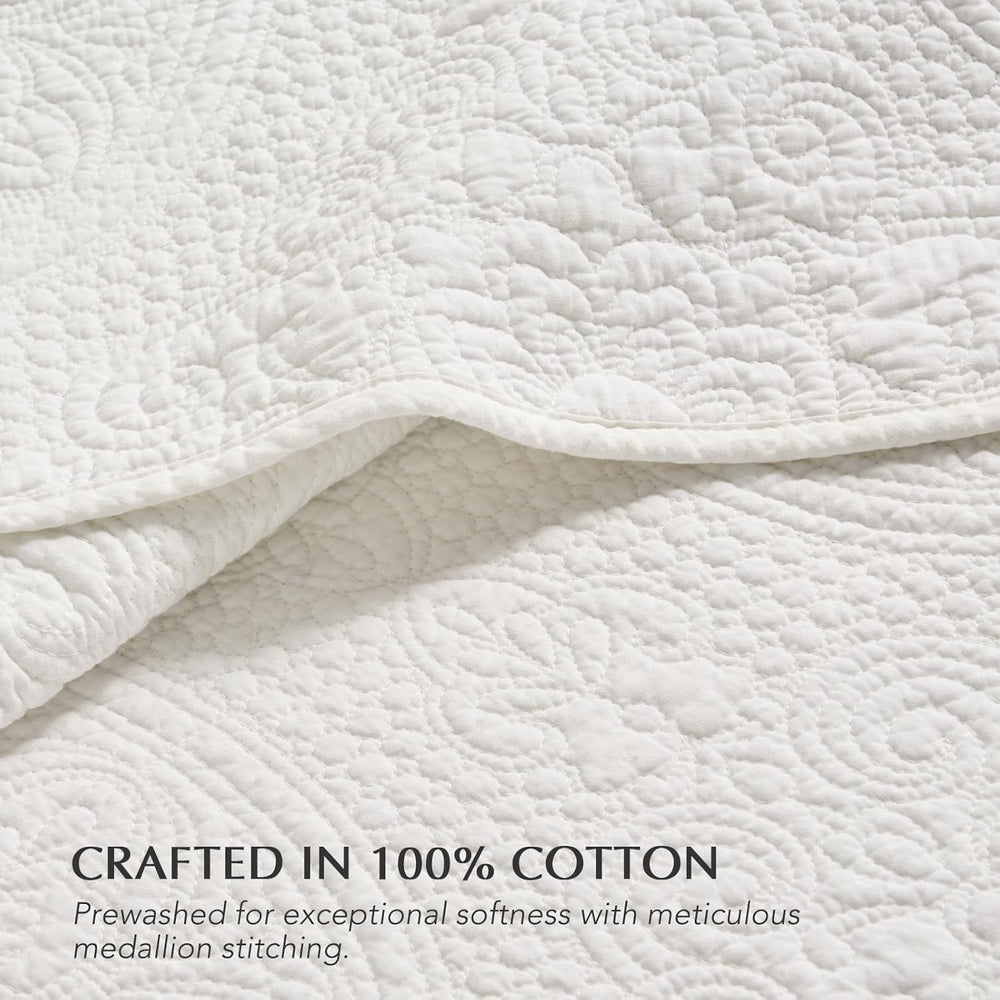 EverGrace 100% Cotton Medallion Stitch Quilt Set, King Size, Bright White