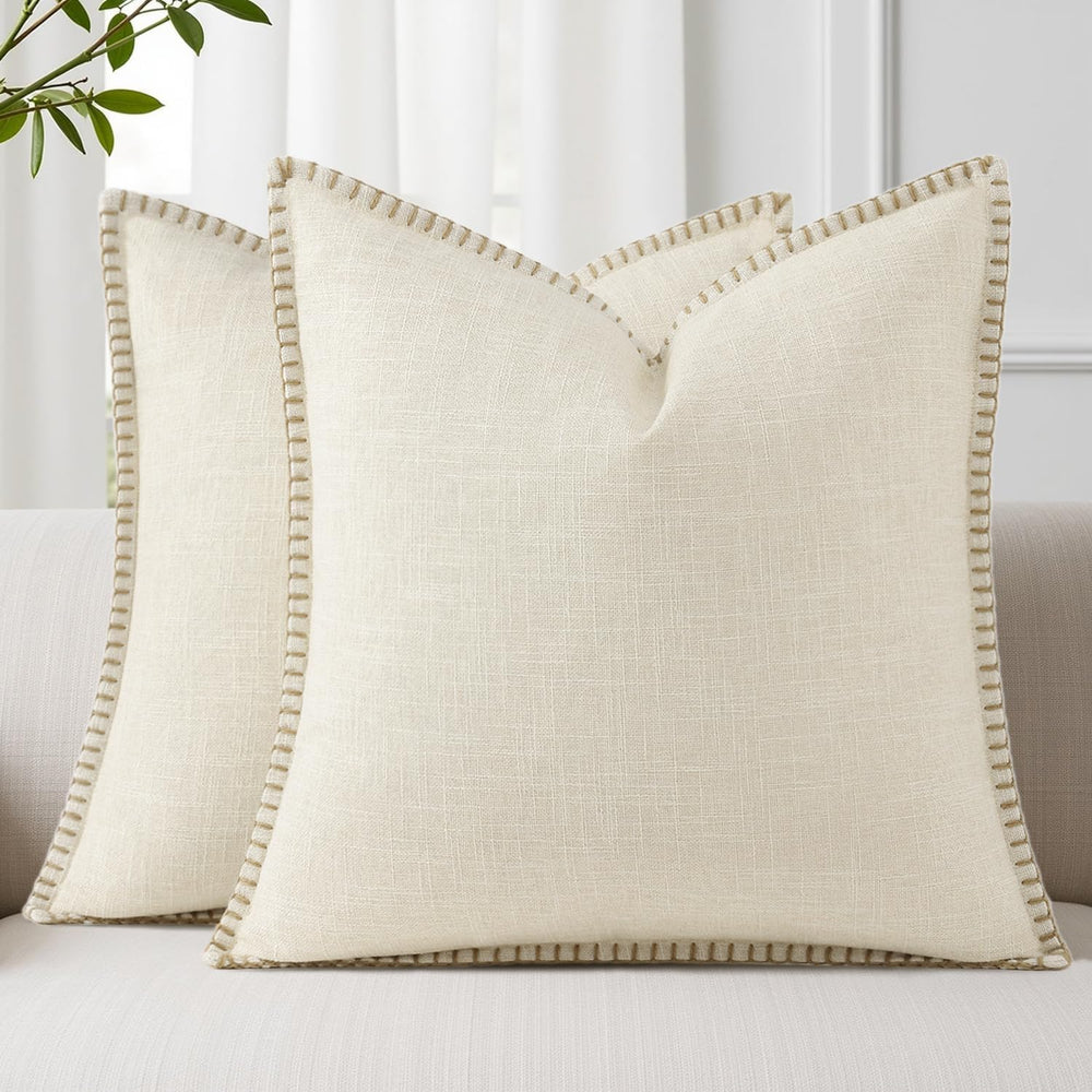 decorUhome Cream Faux Linen Outdoor Throw Pillow Covers 26x26 Set of 2