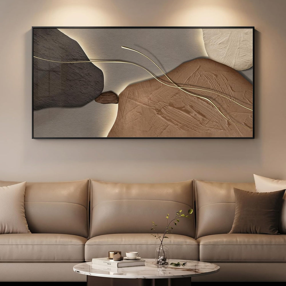 Horizontal Framed Abstract Brown Tan Wall Art for Living Room, 56x28 Inch
