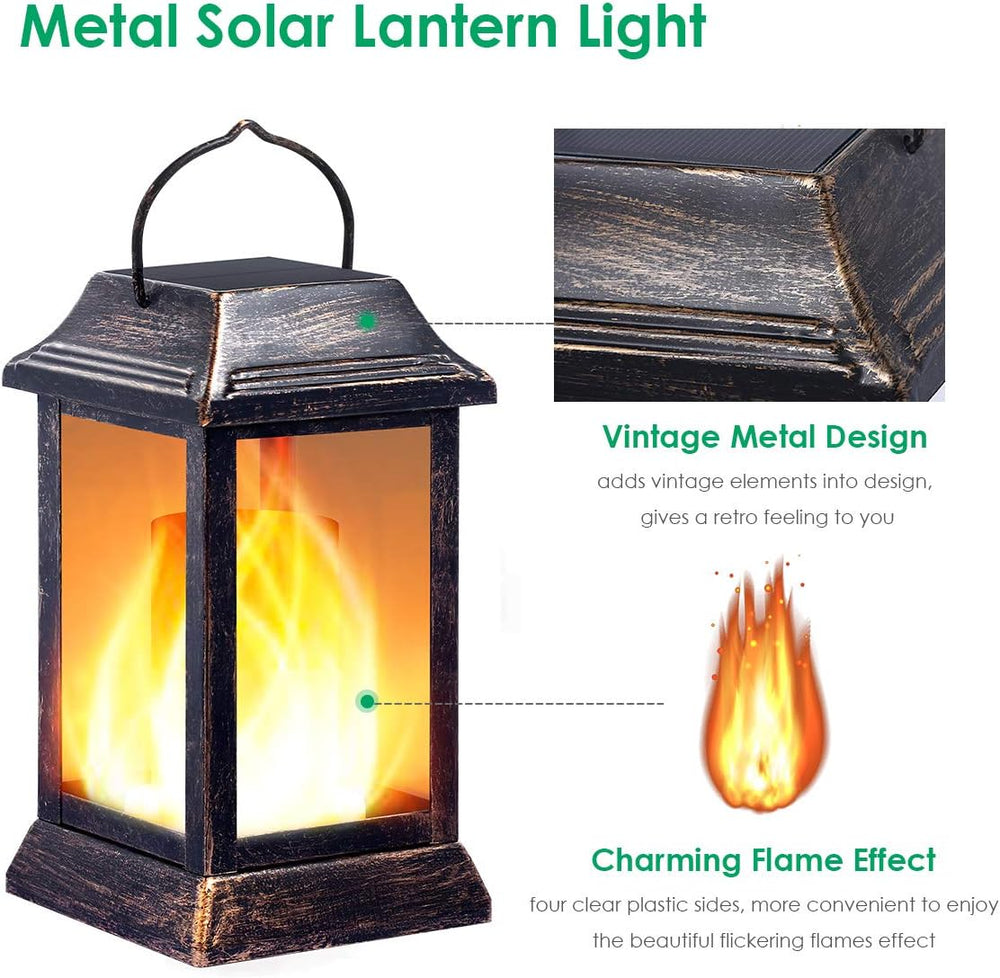TomCare Flickering Flame Solar Lights Outdoor Metal Hanging Lantern, 2 Pack
