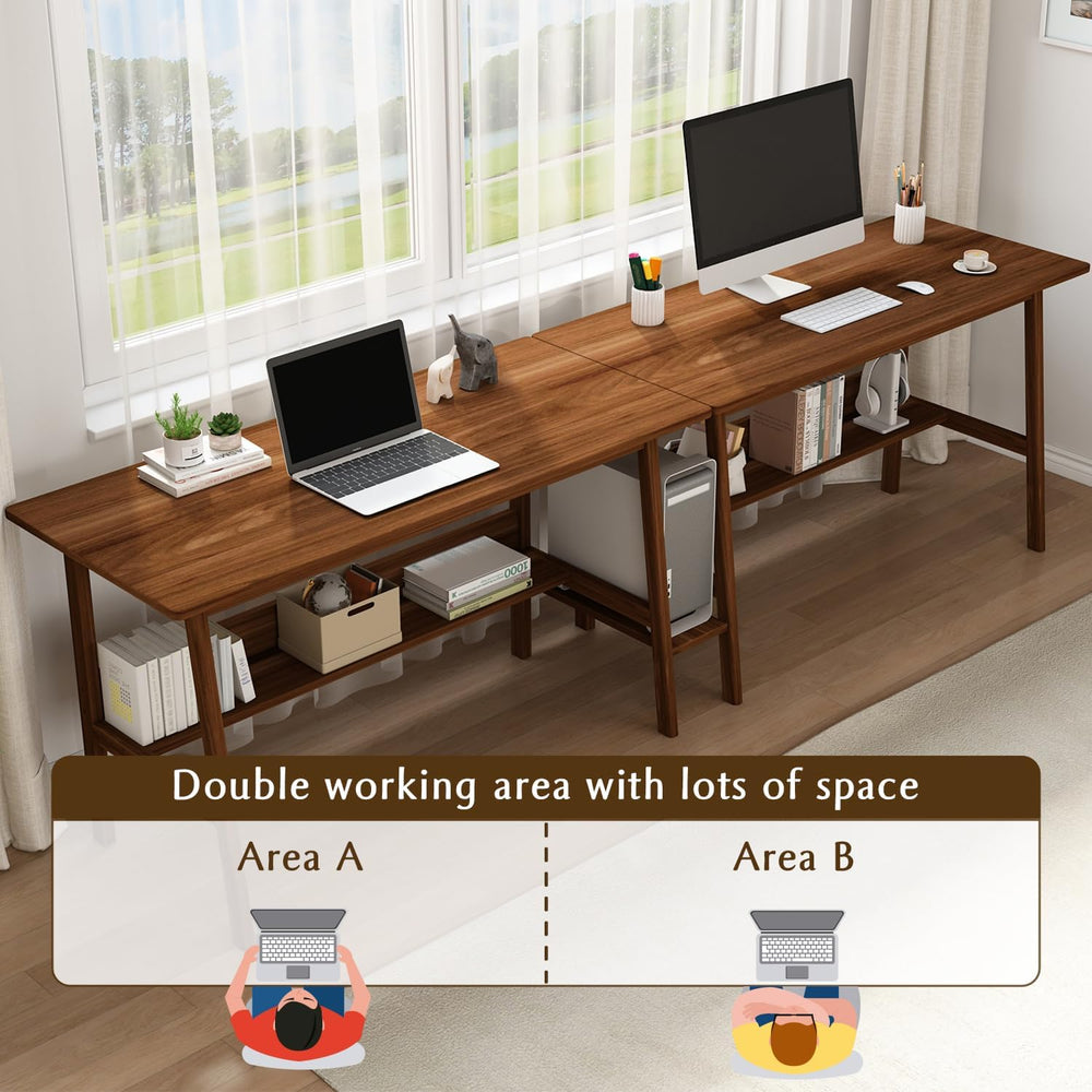 NELYE 2 Person Desk with Storage Bookshelf, 94” x 24” in, Walnut
