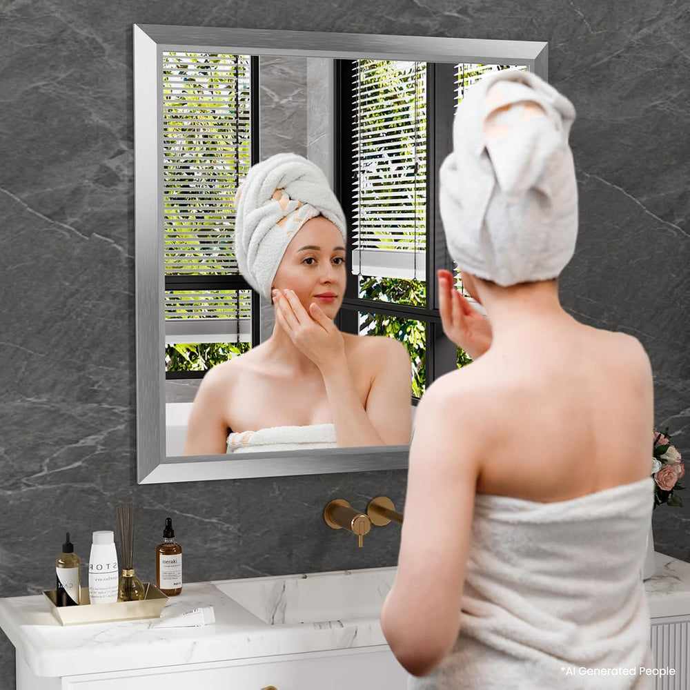 Amorho Bathroom Mirror for Wall 36x36 Inch, Brushed Silver Metal Framed
