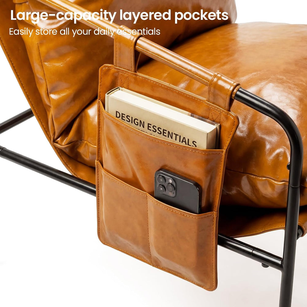 Modern Bright Orange Oversized Faux Leather Chair, Recliner Armchair, Comfy A...
