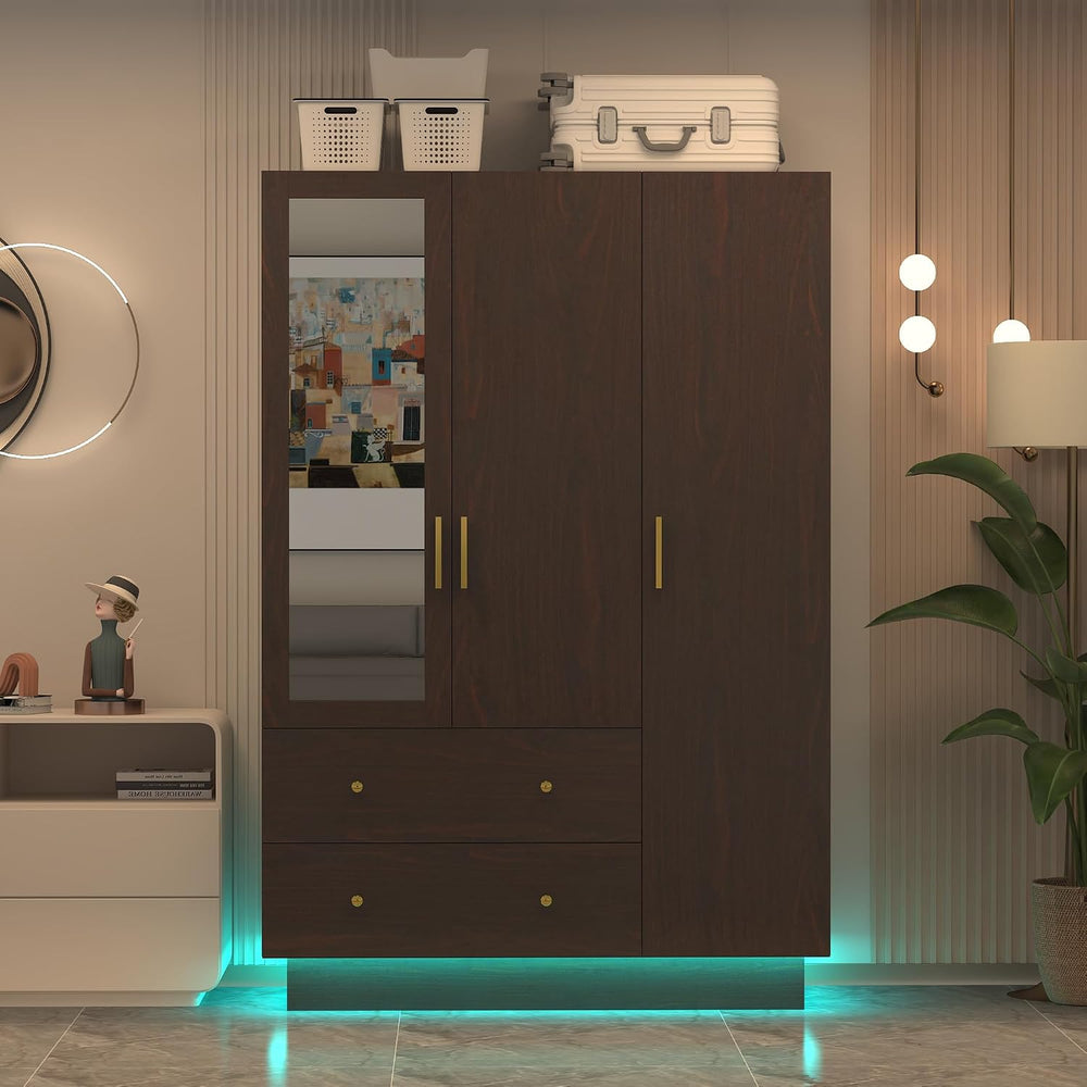jiteentarou 3 Door Wardrobe Closet with Mirror & LED Lights, Bedroom Armo...