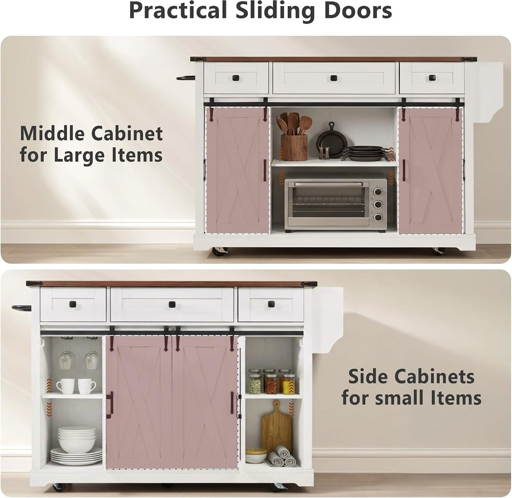 LUMISOL Farmhouse Kitchen Island Cart with Drop Leaf & 3 Drawers, White