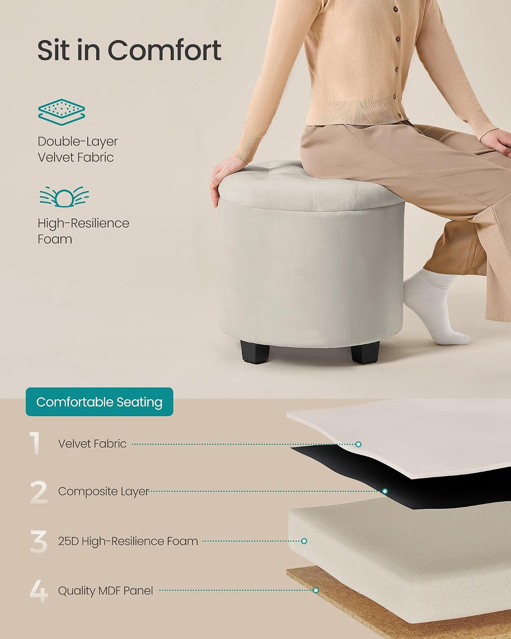 SONGMICS Vanity Stool, Round Ottoman with Storage, Velvet