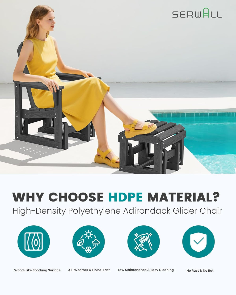 SERWALL HDPE Outdoor Glider with Ottoman, All-Weather Patio Glider Rocker