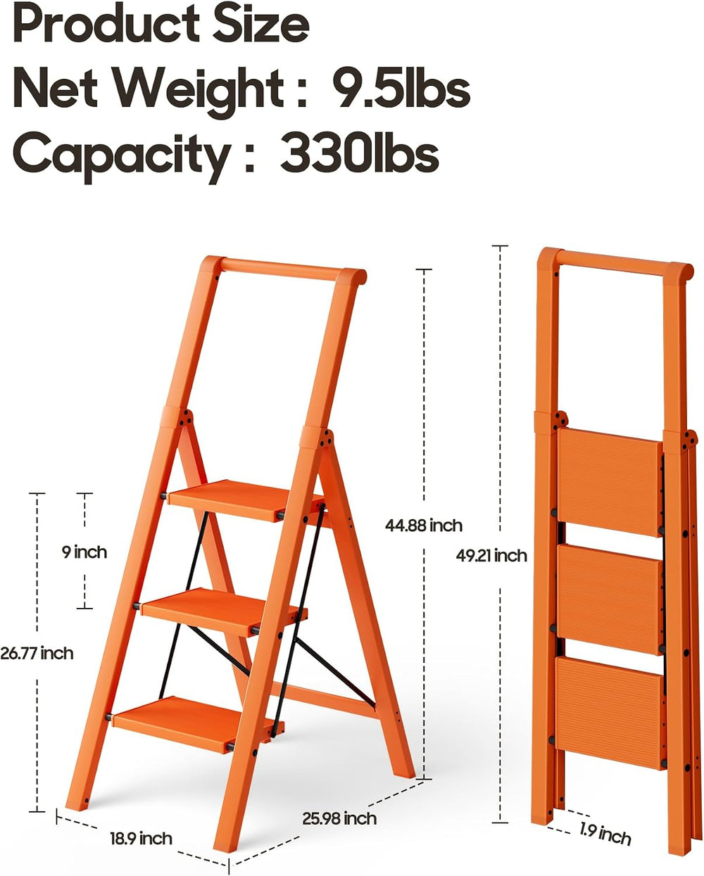 HillhutApex Aluminum 3 Step Ladder, Step Stool Foldable Ladder(Orange)