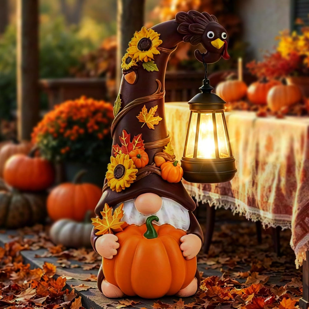 Thanksgiving Fall Turkey Pumpkin Gnome Statue with Solar Lights